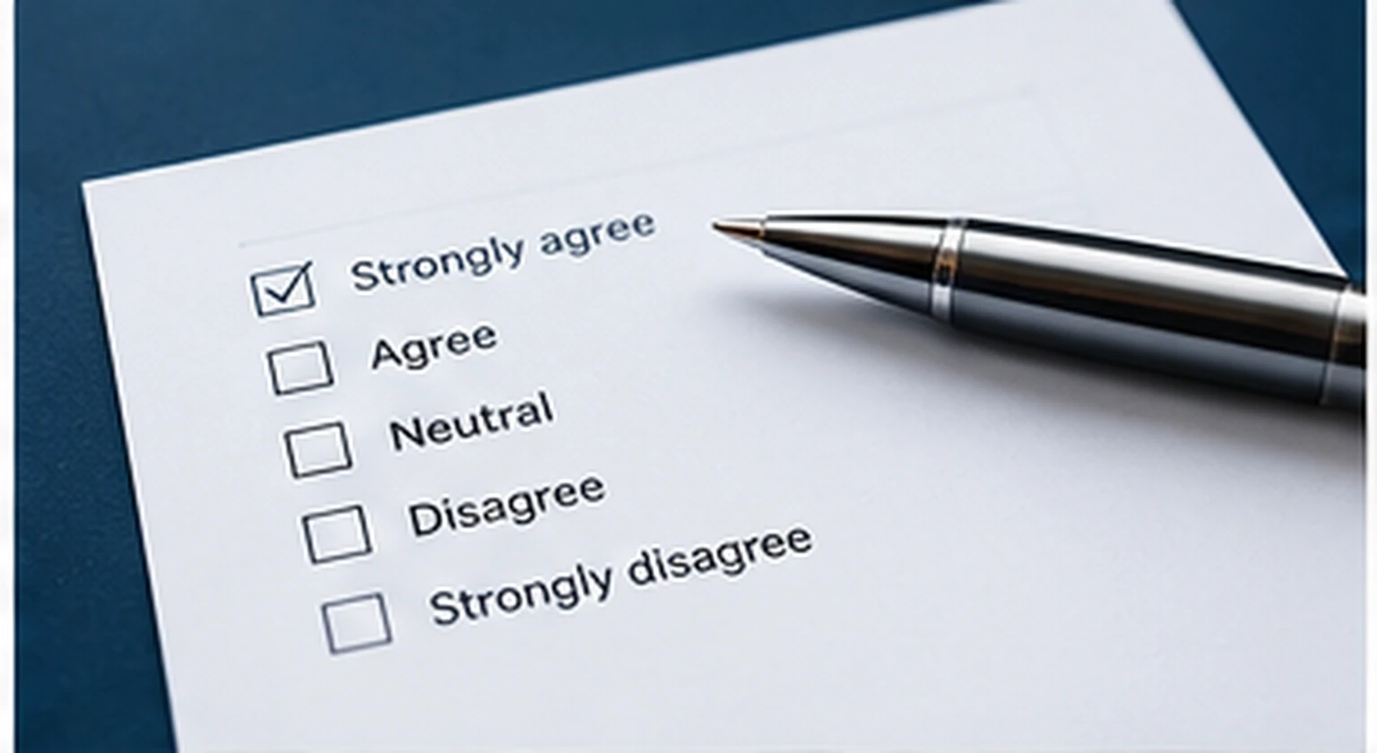 Survey response form with agreement scale and pen
